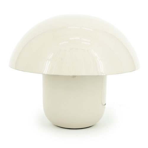 Beige glossy metale tafellamp met paddenstoelvorm.