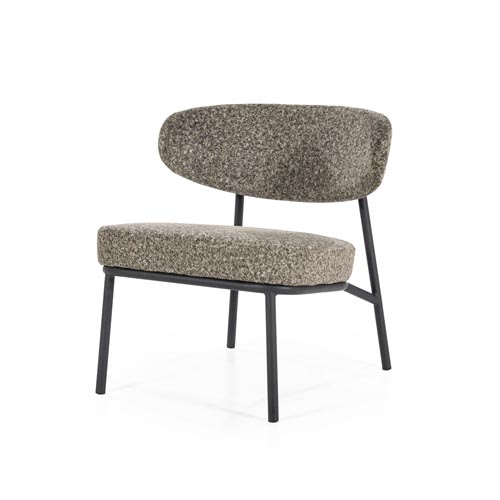 Slanke fauteuil zonder armleuning met een zwart metalen onderstel en grijsgroen gemêleerde stoffen zitting en rugleuning.