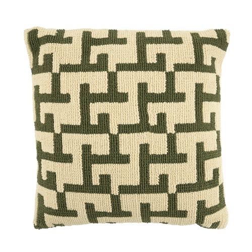 Beige geweven vierkant sierkussen met mosgroene grafische print.