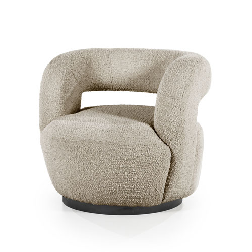 Eleonora fauteuil Sharon - zand. Organische draaifauteuil met open rugleuning uitgevoerd in bouclé stof.