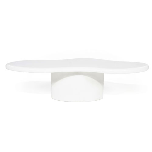 Witte kunstof salontafel met tafelblad in organische vorm en ronde kolompoot.